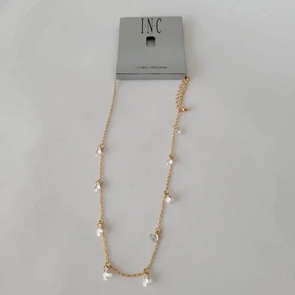INC International Concepts Cubic Zirconia Crystal Drop Gold Plate Necklace NEW - Picture 3 of 8